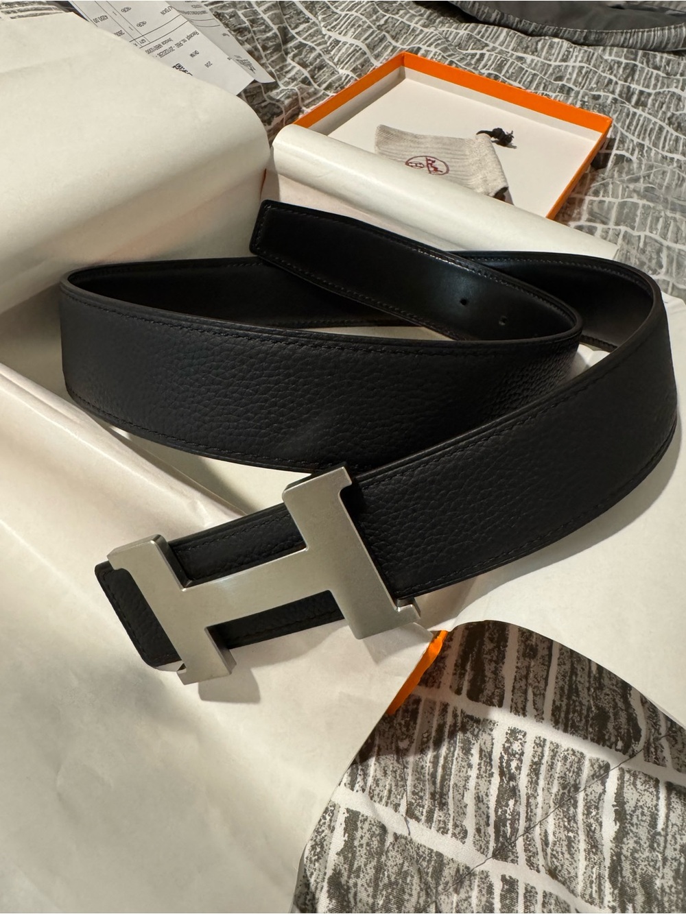 Hermes H Buckle Reversible Black Leather Belt 90cm Matte Palladium Like New